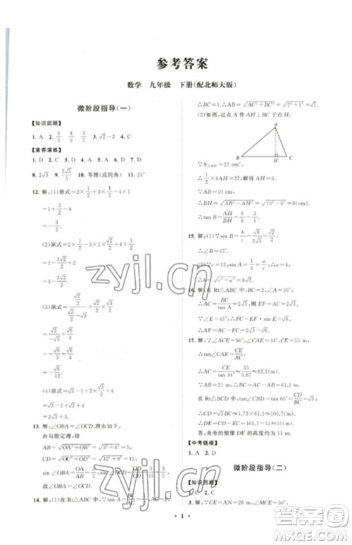 山东教育出版社2023初中同步练习册分层卷九年级数学下册北师大版参考答案 山东教育出版社2023初中同步练习册分层卷九年级数学下册北师大版参考答案