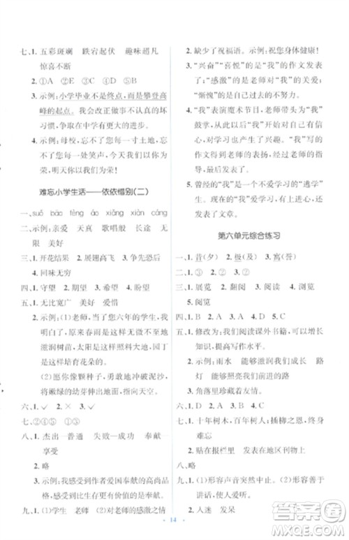 人民教育出版社2023人教金学典同步解析与测评学考练六年级语文下册人教版参考答案