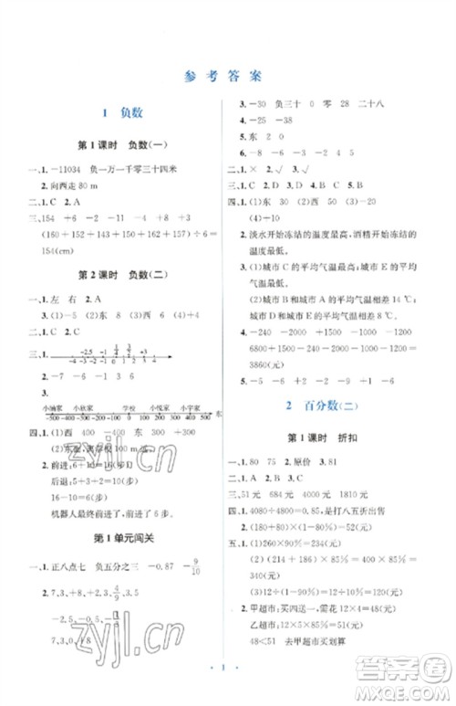 人民教育出版社2023人教金学典同步解析与测评学考练六年级数学下册人教版参考答案