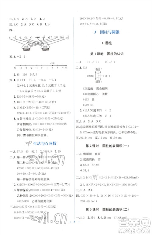 人民教育出版社2023人教金学典同步解析与测评学考练六年级数学下册人教版参考答案