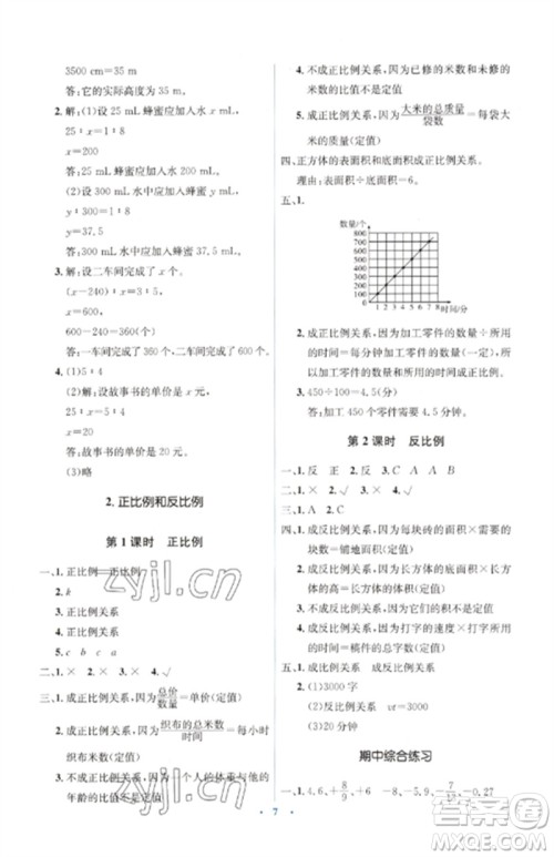 人民教育出版社2023人教金学典同步解析与测评学考练六年级数学下册人教版参考答案