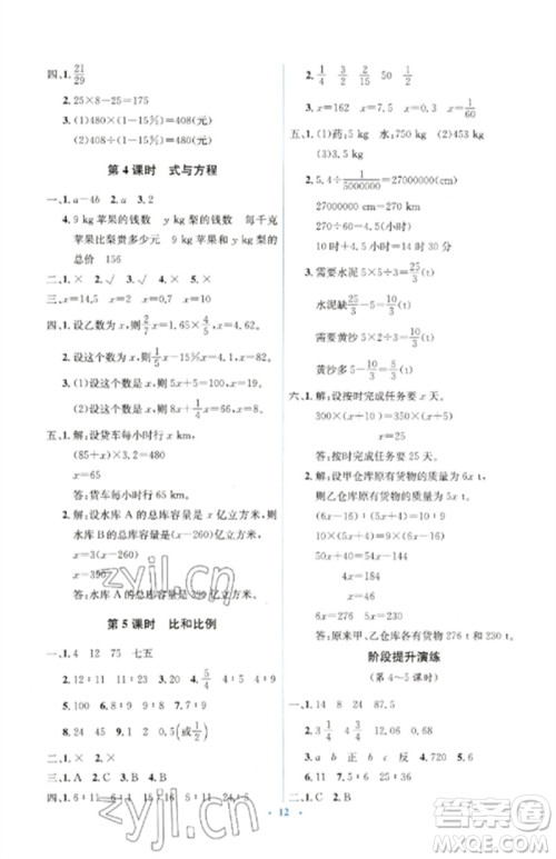 人民教育出版社2023人教金学典同步解析与测评学考练六年级数学下册人教版参考答案