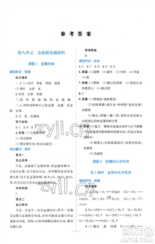 人民教育出版社2023人教金学典同步解析与测评学考练九年级化学下册人教版参考答案