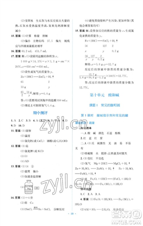 人民教育出版社2023人教金学典同步解析与测评学考练九年级化学下册人教版参考答案 人民教育出版社2023人教金学典同步解析与测评学考练九年级化学下册人教版参考答案