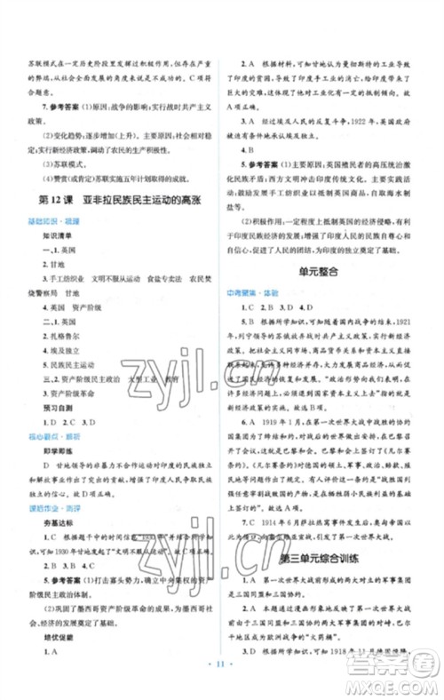人民教育出版社2023人教金学典同步解析与测评学考练九年级世界历史下册人教版参考答案