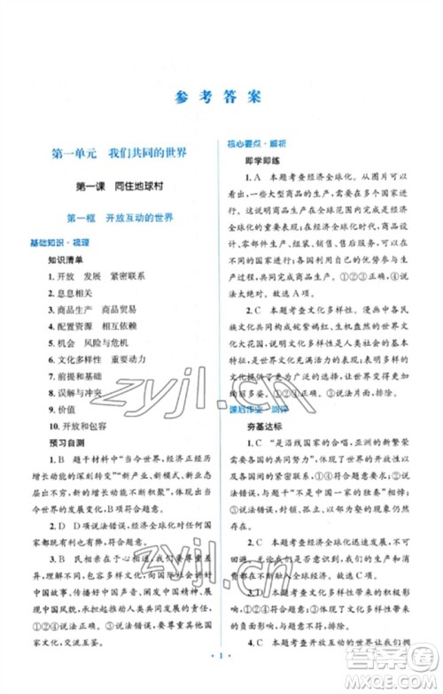 人民教育出版社2023人教金学典同步解析与测评学考练九年级道德与法治下册人教版参考答案