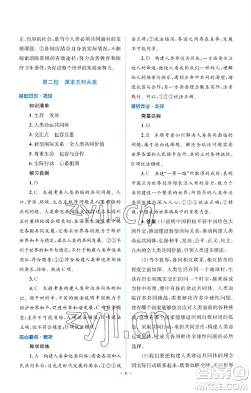 人民教育出版社2023人教金学典同步解析与测评学考练九年级道德与法治下册人教版参考答案