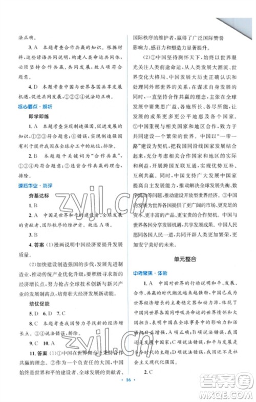 人民教育出版社2023人教金学典同步解析与测评学考练九年级道德与法治下册人教版参考答案