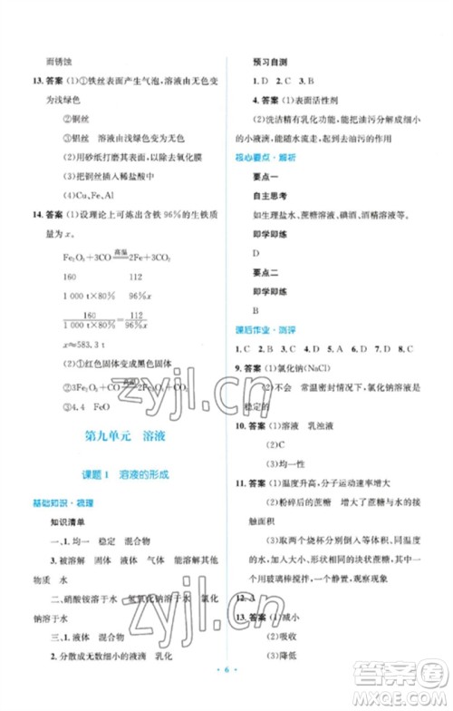 人民教育出版社2023人教金学典同步解析与测评学考练九年级化学下册人教版广东专版参考答案