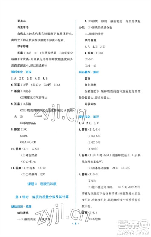 人民教育出版社2023人教金学典同步解析与测评学考练九年级化学下册人教版广东专版参考答案