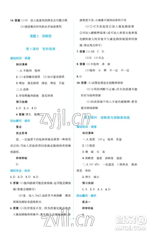 人民教育出版社2023人教金学典同步解析与测评学考练九年级化学下册人教版广东专版参考答案