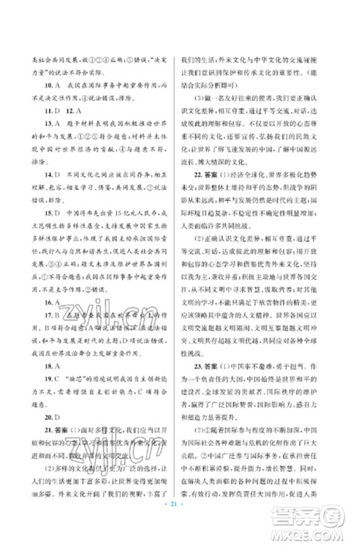 人民教育出版社2023人教金学典同步解析与测评学考练九年级道德与法治下册人教版江苏专版参考答案
