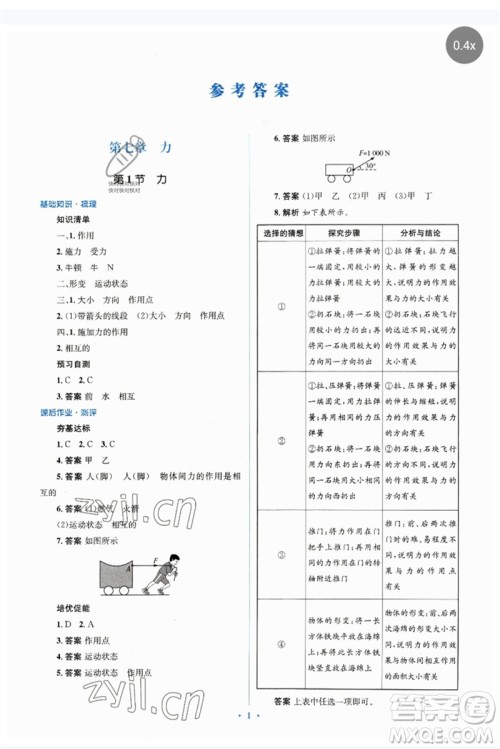 人民教育出版社2023人教金学典同步解析与测评学考练八年级物理下册人教版参考答案