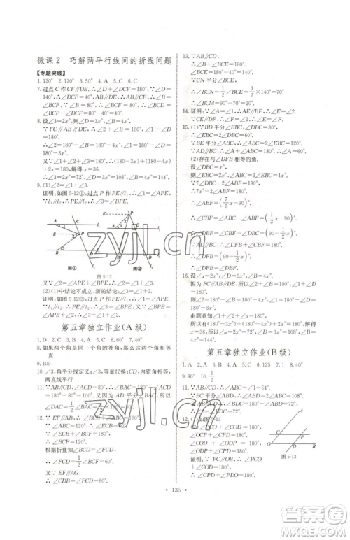 长江少年儿童出版社2023长江全能学案同步练习册七年级下册数学人教版参考答案