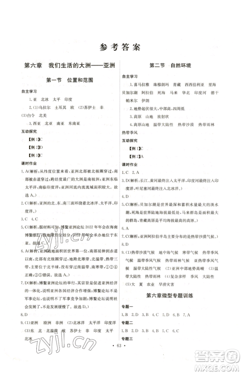 崇文书局2023长江全能学案同步练习册七年级下册地理人教版参考答案