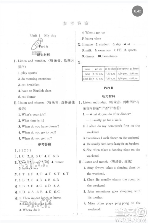 人民教育出版社2023人教金学典同步解析与测评学考练五年级英语下册人教版参考答案