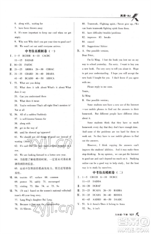 广东经济出版社2023全优点练课计划九年级英语下册人教版参考答案