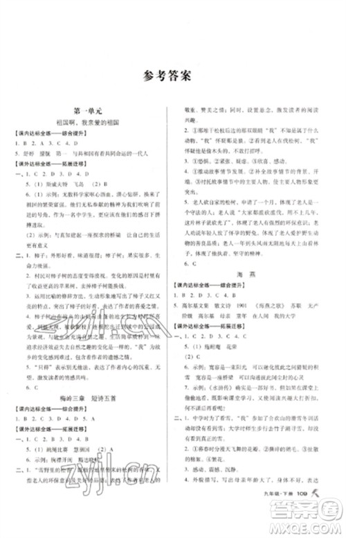 广东经济出版社2023全优点练课计划九年级语文下册人教版参考答案