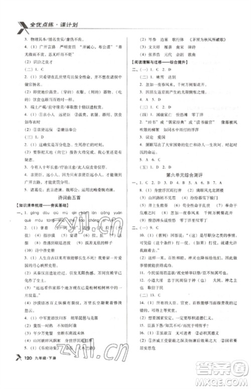 广东经济出版社2023全优点练课计划九年级语文下册人教版参考答案