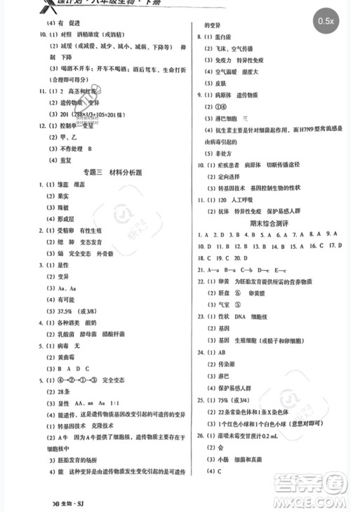 广东经济出版社2023全优点练课计划八年级生物下册苏教版参考答案