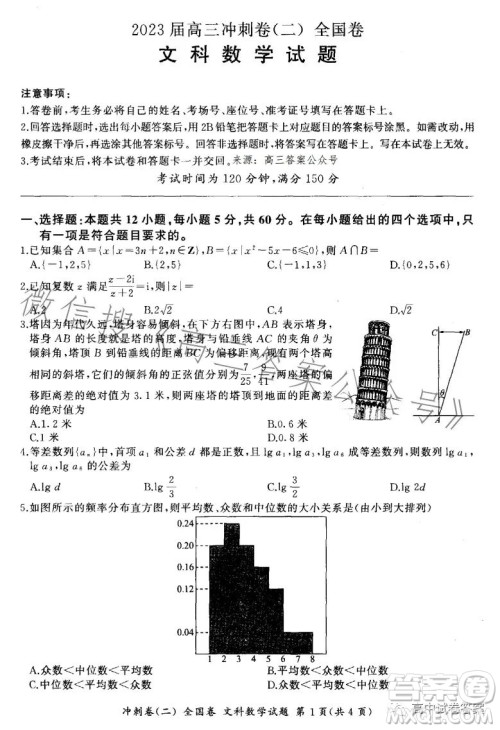 百师联盟2023届高三冲刺卷二全国卷文科数学试题答案