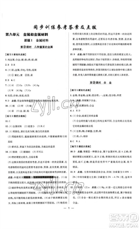 吉林教育出版社2023点拨训练九年级化学下册人教版参考答案