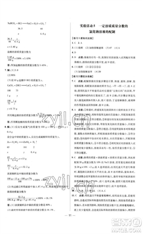 吉林教育出版社2023点拨训练九年级化学下册人教版参考答案