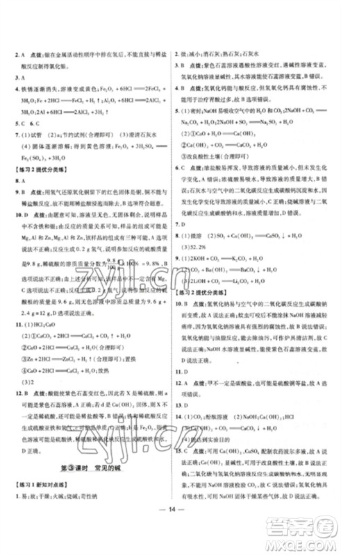 吉林教育出版社2023点拨训练九年级化学下册人教版参考答案