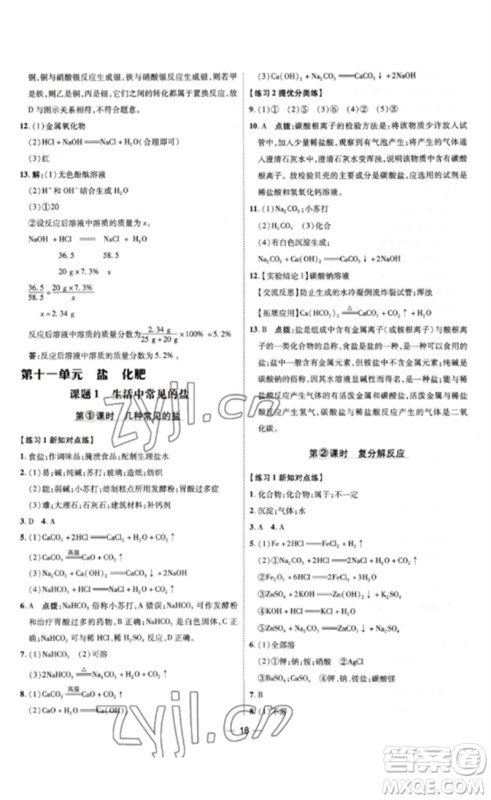 吉林教育出版社2023点拨训练九年级化学下册人教版参考答案 吉林教育出版社2023点拨训练九年级化学下册人教版参考答案