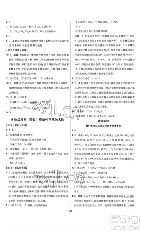 吉林教育出版社2023点拨训练九年级化学下册人教版参考答案 吉林教育出版社2023点拨训练九年级化学下册人教版参考答案