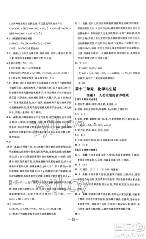 吉林教育出版社2023点拨训练九年级化学下册人教版参考答案