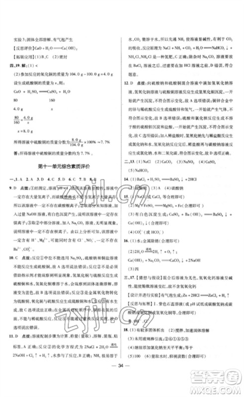 吉林教育出版社2023点拨训练九年级化学下册人教版参考答案