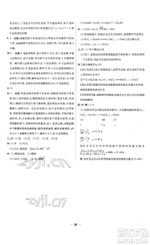 吉林教育出版社2023点拨训练九年级化学下册人教版参考答案