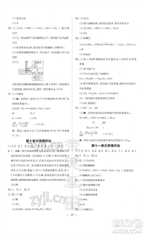 安徽教育出版社2023点拨训练九年级化学下册人教版安徽专版参考答案