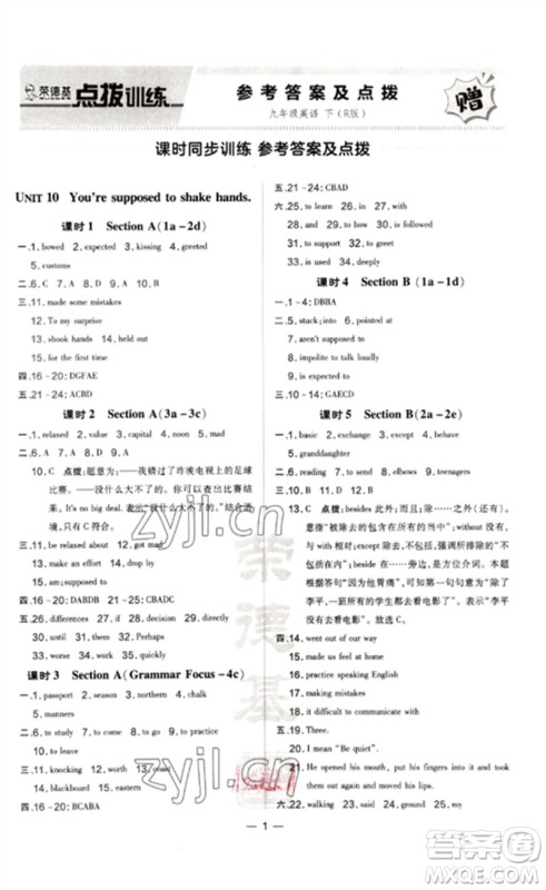 吉林教育出版社2023点拨训练九年级英语下册人教版参考答案