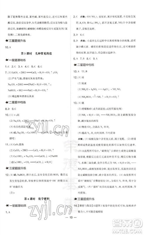 山西教育出版社2023点拨训练九年级化学下册沪教版参考答案