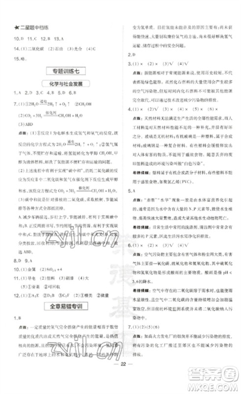 山西教育出版社2023点拨训练九年级化学下册沪教版参考答案