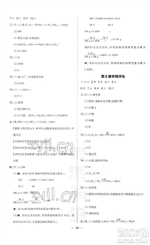 山西教育出版社2023点拨训练九年级化学下册沪教版参考答案 山西教育出版社2023点拨训练九年级化学下册沪教版参考答案