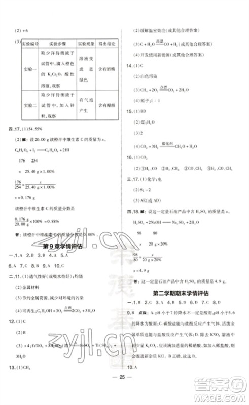 山西教育出版社2023点拨训练九年级化学下册沪教版参考答案