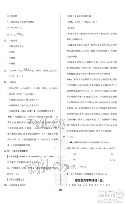 山西教育出版社2023点拨训练九年级化学下册沪教版参考答案