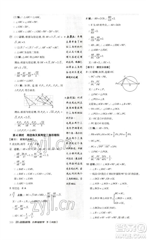 吉林教育出版社2023点拨训练九年级数学下册人教版参考答案