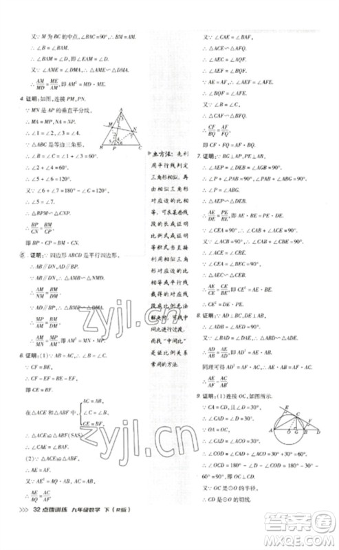 吉林教育出版社2023点拨训练九年级数学下册人教版参考答案