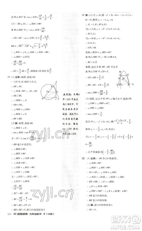 吉林教育出版社2023点拨训练九年级数学下册人教版参考答案