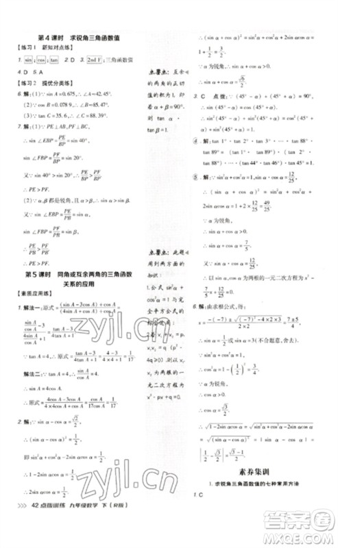 吉林教育出版社2023点拨训练九年级数学下册人教版参考答案