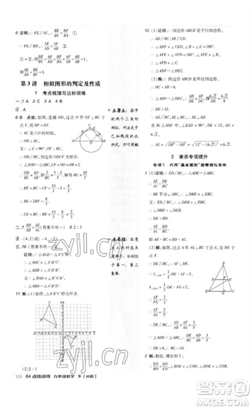 吉林教育出版社2023点拨训练九年级数学下册人教版参考答案