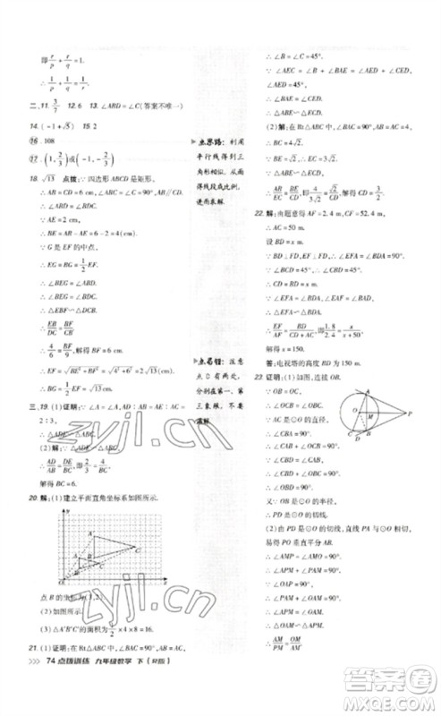 吉林教育出版社2023点拨训练九年级数学下册人教版参考答案