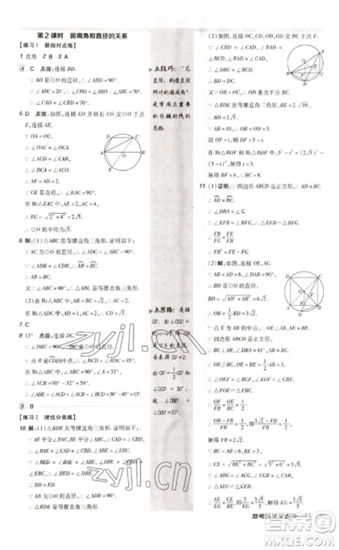 安徽教育出版社2023点拨训练九年级数学下册北师大版参考答案