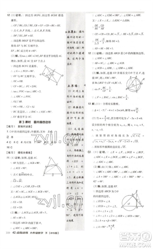 安徽教育出版社2023点拨训练九年级数学下册北师大版参考答案