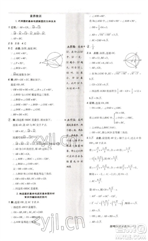 安徽教育出版社2023点拨训练九年级数学下册北师大版参考答案