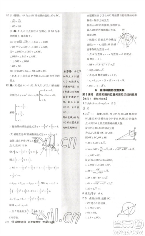 安徽教育出版社2023点拨训练九年级数学下册北师大版参考答案